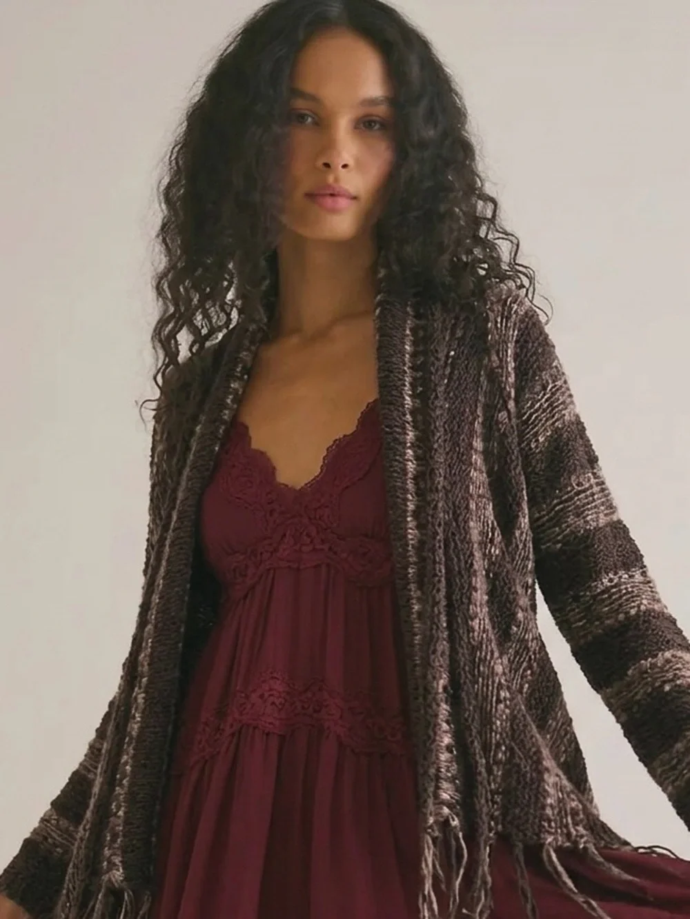 Free People Brown Wool/Mohair/Linen Fringe Cardigan Sweater Size Large Boho Chic